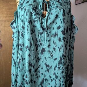 Sleeveless Teal Animal-Print Tie-Neck Top